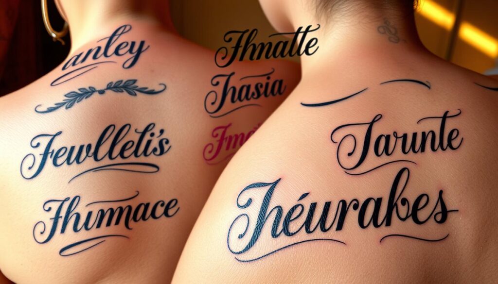 Intricate name tattoo designs etched on human skin, with elegant calligraphy and flourishes. The foreground showcases a variety of creative typographic styles, from cursive scripts to bold block letters, each personalized with unique flourishes. The midground depicts the tattoos in a realistic, high-resolution rendering, capturing the texture and detail of the ink. The background features a soft, out-of-focus backdrop, allowing the tattoo designs to take center stage. Warm, natural lighting casts subtle shadows, accentuating the depth and dimensionality of the designs. The overall mood is one of artistic expression, individuality, and personal significance.