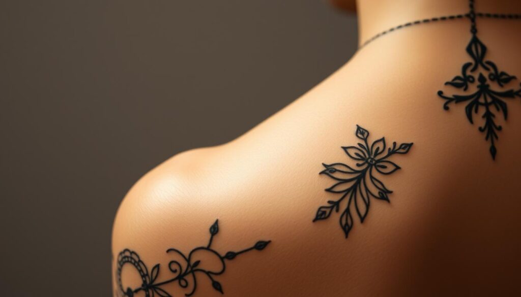 Intricate tattoo designs in a minimalist, stylized composition. Delicate linework and fine details in the foreground, depicting intricate patterns, floral motifs, and abstract shapes. Soft, diffused lighting creates an atmospheric, intimate mood. The middle ground features the skin's subtle texture, with a muted, natural color palette. The background is a simple, uncluttered studio setting, allowing the tattoo artwork to take center stage. Captured with a shallow depth of field, drawing the viewer's focus to the intricate, sophisticated tattoo styles. Intricate tattoo designs in a minimalist, stylized composition. Delicate linework and fine details in the foreground, depicting intricate patterns, floral motifs, and abstract shapes. Soft, diffused lighting creates an atmospheric, intimate mood. The middle ground features the skin's subtle texture, with a muted, natural color palette. The background is a simple, uncluttered studio setting, allowing the tattoo artwork to take center stage. Captured with a shallow depth of field, drawing the viewer's focus to the intricate, sophisticated tattoo styles.