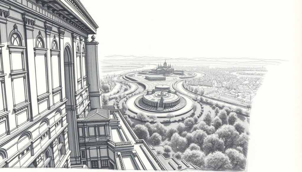 Masterful perspective drawing showcasing advanced techniques. In the foreground, a detailed architectural scene with intricate vanishing points, sharp lines, and precise shadows. The middle ground features a picturesque landscape with a winding river, rolling hills, and a distant cityscape. Dramatic lighting from an overhead sun casts long shadows, creating a sense of depth and dimensionality. The background blends seamlessly with the horizon, hazy and ethereal. The overall composition conveys a harmonious balance of technical precision and artistic flair, inspiring experienced artists to push the boundaries of their drawing skills.