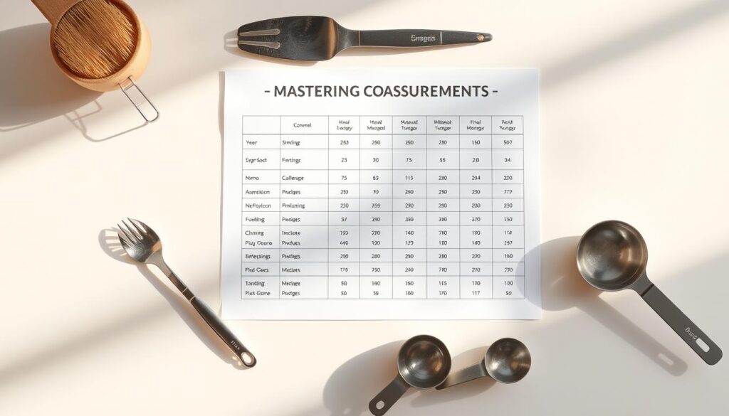 Masterfully crafted cooking conversion chart, elegantly positioned on a clean, white surface. Pristine utensils and measuring cups artfully arranged, casting soft shadows that add depth and dimension. Warm, natural lighting illuminates the scene, creating a serene, informative atmosphere. Minimalist design elements, such as clean lines and muted colors, draw the viewer's attention to the essential information. The layout is visually balanced, with a harmonious interplay of negative space and key details. This image perfectly encapsulates the "Mastering Measurements" theme, providing a clear, concise reference for culinary conversions.