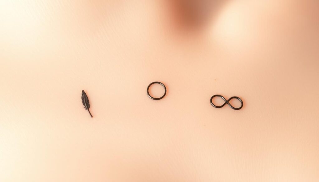 Minimalist symbolic tattoos on a pale, delicate skin canvas. A serene, intimate close-up. Soft, natural lighting gently illuminates the intricate line work - a tiny feather, a minimalist moon, a simple infinity symbol. Subtle, elegant designs that convey deeper meaning. The tattoos appear as if etched by a skilled, steady hand, each stroke precise and intentional. The composition is balanced, drawing the eye to the meaningful details. An atmosphere of quiet contemplation and personal significance.