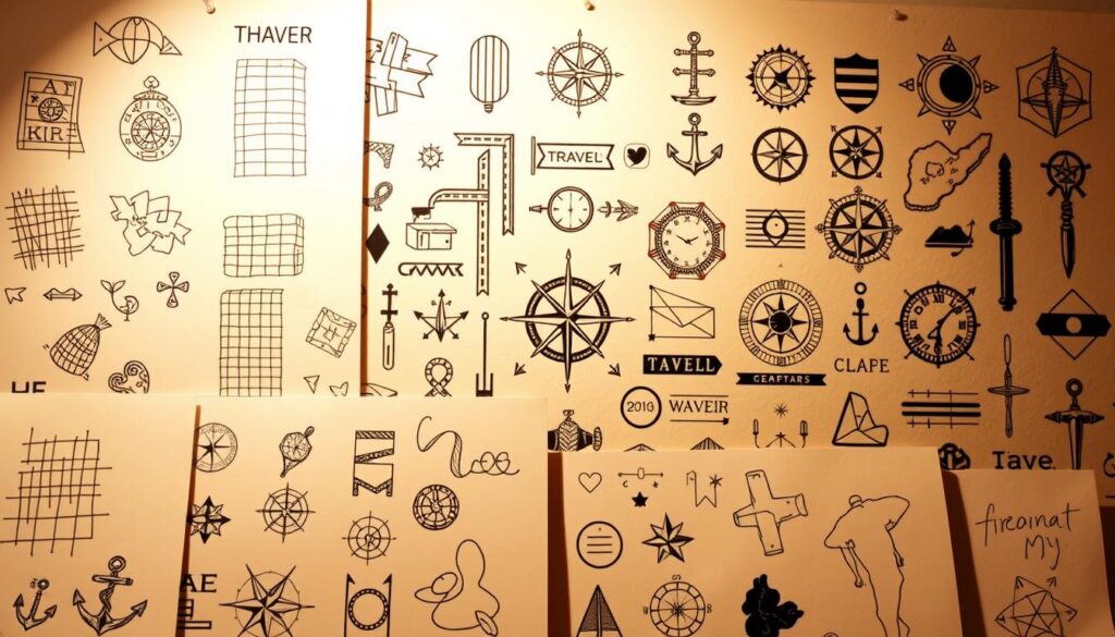 Personalized tattoo design ideas, showcased in a stylish, artisanal display. In the foreground, an arrangement of hand-drawn sketches, ranging from abstract patterns to minimalist symbols, each reflecting a unique personal narrative. The middle ground features a collection of vintage-inspired design elements, such as compasses, anchors, and travel-themed iconography, arranged in a visually striking composition. The background is a soft, muted color palette, evoking a sense of thoughtfulness and introspection, complementing the overall artistic aesthetic. Lighting is warm and directional, casting subtle shadows that add depth and dimension to the scene. The overall mood is one of creativity, individuality, and the meaningful connection between personal journeys and body art.