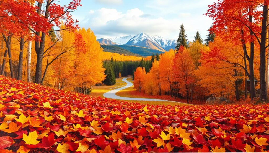 Seasonal drawing of a vibrant autumn landscape, with a foreground of fallen leaves in shades of red, orange, and gold, meticulously rendered. In the middle ground, a tree-lined path winds through a forest, the canopy ablaze with autumnal hues. The background features a distant mountain range, its peaks dusted with a light layer of snow, illuminated by warm, golden sunlight filtering through the clouds. The scene is captured with a wide-angle lens, creating a sense of depth and grandeur, and the lighting is soft and diffused, evoking a cozy, contemplative atmosphere.