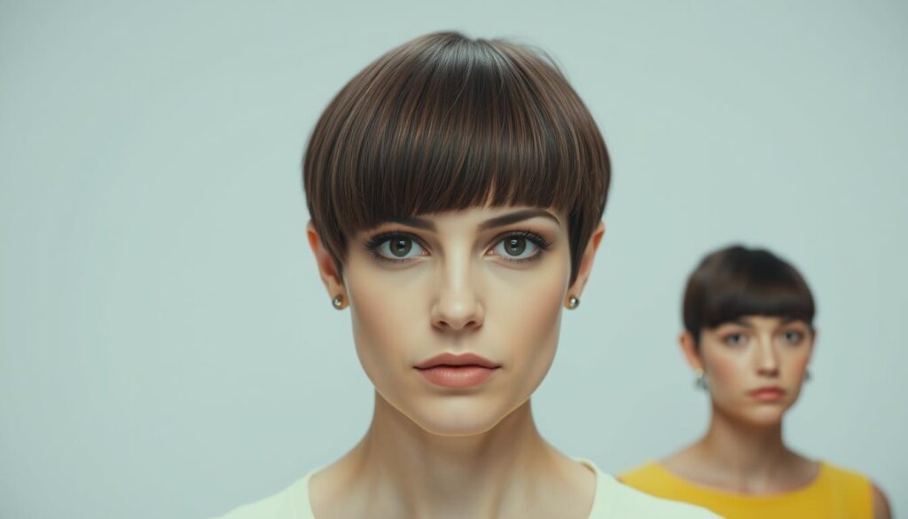Short, straight, blunt haircuts with minimal layers or texture, shot in a well-lit studio setting with a clean, minimalist background. The hairstyles should appear unflattering and harsh, emphasizing the roundness of the face. Use a tight, head-on camera angle to highlight the unappealing, unforgiving nature of these hairstyles on a round face shape. Convey a sense of severity and lack of dimension through the styling. Ensure the lighting is bright and evenly distributed to accentuate the uncompromising lines of the haircuts. Short, straight, blunt haircuts with minimal layers or texture, shot in a well-lit studio setting with a clean, minimalist background. The hairstyles should appear unflattering and harsh, emphasizing the roundness of the face. Use a tight, head-on camera angle to highlight the unappealing, unforgiving nature of these hairstyles on a round face shape. Convey a sense of severity and lack of dimension through the styling. Ensure the lighting is bright and evenly distributed to accentuate the uncompromising lines of the haircuts.