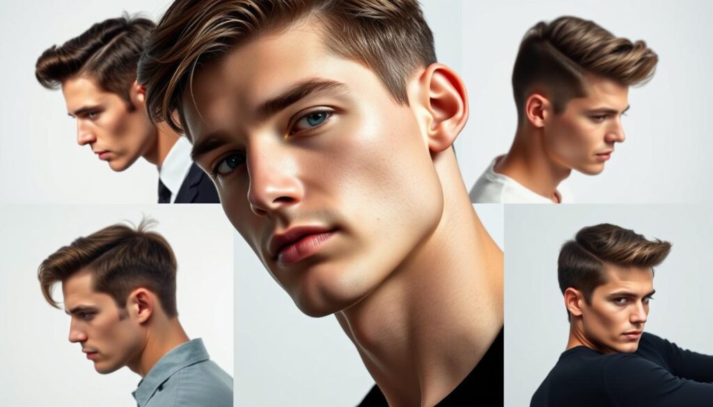 Six stylish haircuts inspired by iconic Hollywood stars, captured in a high-quality studio photo shoot. A close-up portrait of a well-groomed male model showcases the versatile styles, from Cary Grant's suave side part to James Dean's rebellious quiff. Dramatic studio lighting creates depth and dimension, highlighting the texture and shine of each hairstyle. The model's confident expression and impeccable grooming evoke the timeless elegance of silver screen legends. A clean, minimalist background allows the hairstyles to take center stage, inspiring men to emulate these sophisticated, movie-star looks.