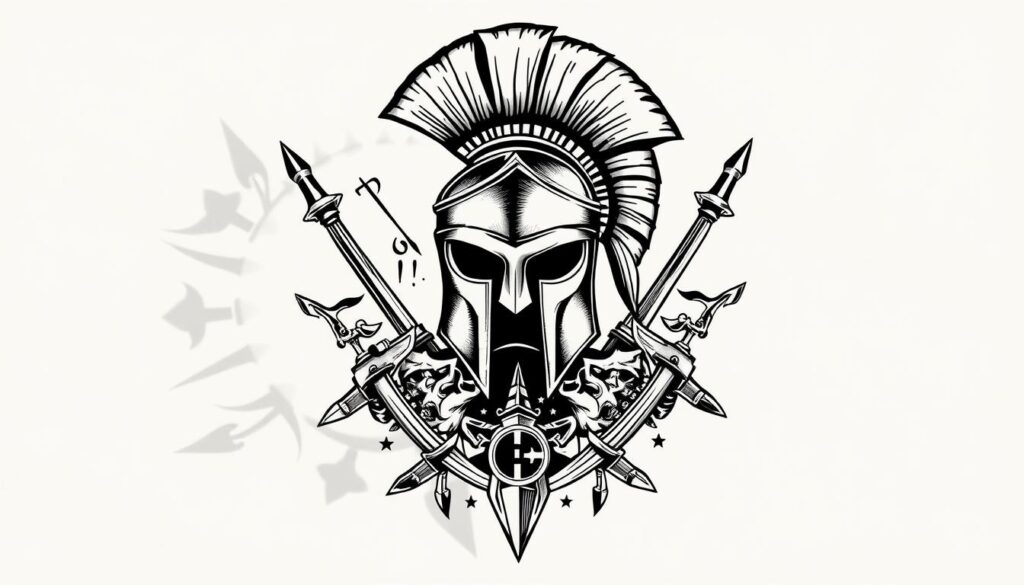 Spartan warrior tattoo designs, featuring iconic symbols and imagery. A bold, angular composition showcasing intricate line-work and shading. Prominent elements include the Spartan helmet, the lambda symbol, a fierce warrior's head, and stylized Spartan weaponry like swords and spears. The design radiates a sense of strength, determination, and unwavering warrior spirit. Dramatic chiaroscuro lighting casts dramatic shadows, emphasizing the powerful, heroic nature of the Spartan aesthetic. Rendered in a gritty, photorealistic style that captures the rugged, battle-hardened essence of these legendary ancient Greek warriors.