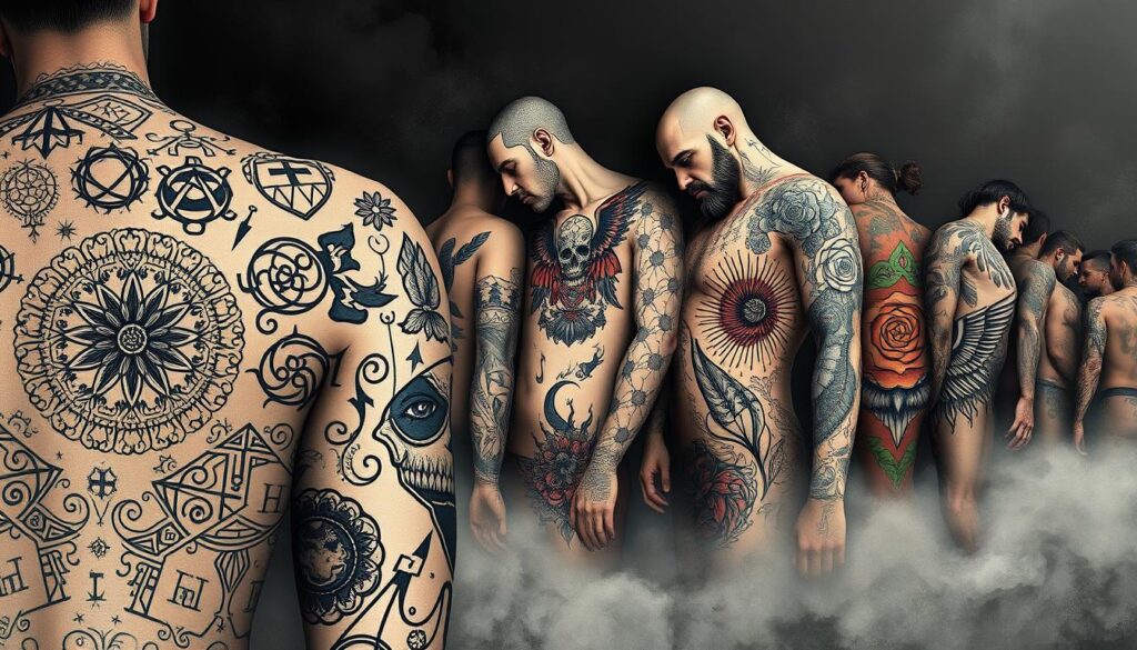 Symbolic ink meanings: a hyper-realistic illustration of diverse tattoo designs, their symbolic representations, and cultural significance. In the foreground, intricate blackwork patterns and line art depicting themes of mortality, spirituality, and personal identity. In the middle ground, bold graphic tattoos in a mix of realism and abstract styles, conveying emotions, beliefs, and life experiences. In the background, a moody, atmospheric setting with dramatic lighting and texture, creating a contemplative, almost mystical ambiance. The overall composition aims to capture the depth, complexity, and personal nature of tattoo art as a form of self-expression.