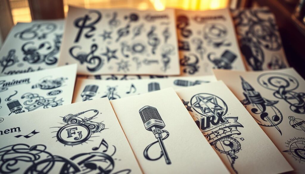 Tattoo inspiration and design concepts: A collection of intricate tattoo designs and illustrations, showcasing a variety of styles and motifs. In the foreground, detailed line work and shading depict Eminem-inspired imagery, including musical notes, microphones, and symbolic elements. The middle ground features an assortment of sketches and concept art, hinting at the diverse creative possibilities for personal tattoo designs. The background is softly blurred, creating a sense of depth and focus on the central tattoo concepts. Warm, natural lighting casts an artistic, contemplative mood, inviting the viewer to explore and find inspiration for their own unique Eminem-themed tattoo.