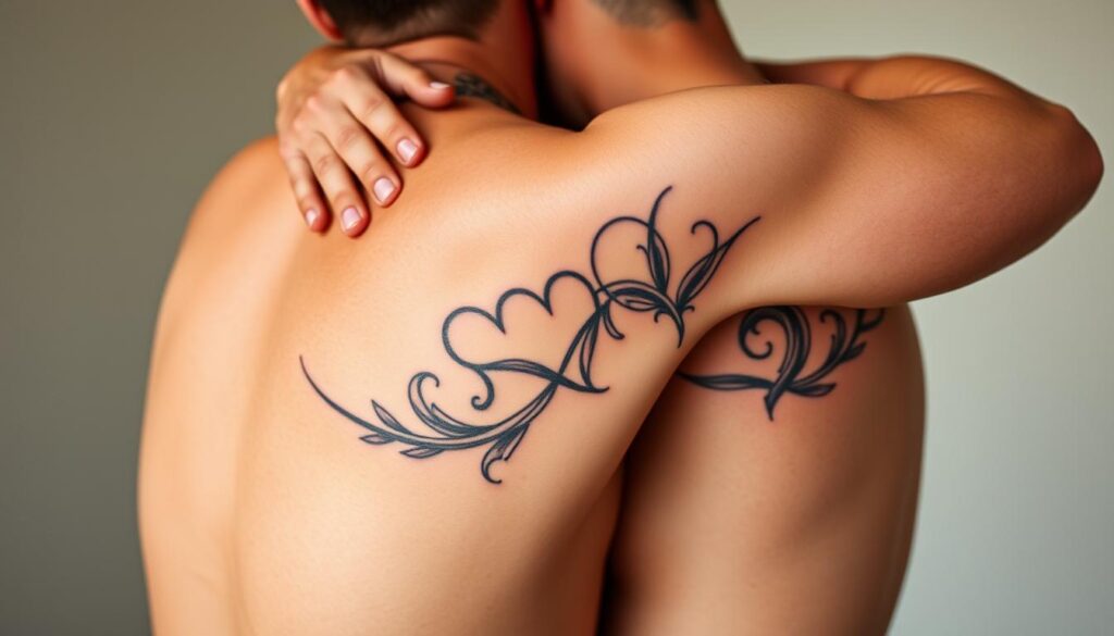 Two individuals embracing in a warm, friendly hug, their skin adorned with intricate, intertwined tattoos representing a lifelong bond of brotherhood. The tattoos are depicted in a bold, high-contrast style, emphasizing the depth of their connection. The scene is captured in soft, diffused natural lighting, creating a serene and intimate atmosphere. The individuals are positioned in the center of the frame, with a blurred, neutral background that allows the focus to remain on the meaningful ink adorning their bodies.