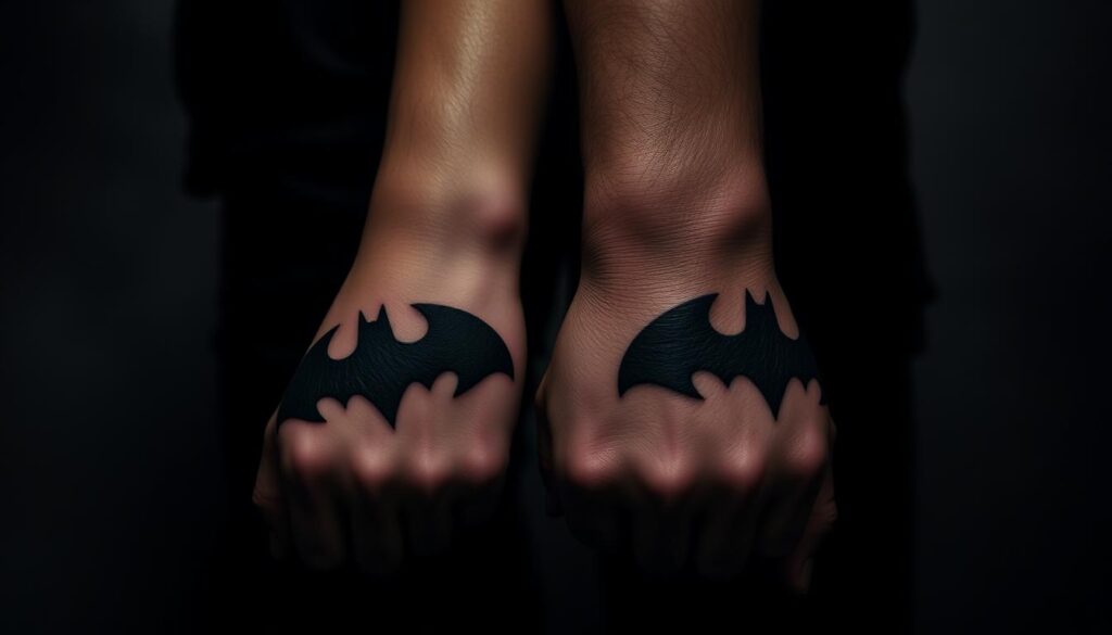 Two intertwined Batman symbol tattoos on the wrists of a couple, a woman and a man, against a dark, moody background. The tattoos are detailed and bold, with a sense of unity and partnership. The figures are in silhouette, their faces obscured, emphasizing the tattoos as the focal point. Soft, dramatic lighting casts dramatic shadows, creating a brooding, atmospheric tone. The overall composition suggests a deep, shared connection between the couple, their Batman tattoos representing their bond. The image conveys the themes of devotion, teamwork, and the enduring appeal of the Dark Knight.