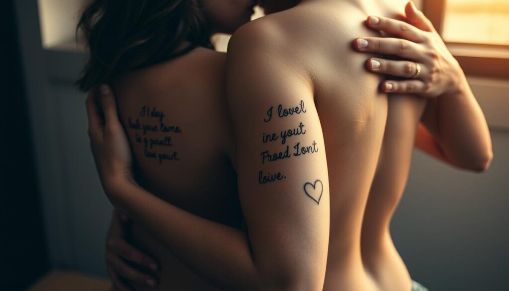 Two intertwined partners, their skin adorned with intricate, meaningful tattoos symbolizing their eternal bond. Soft, warm lighting casts a gentle glow, highlighting the delicate linework and shading of the designs. The couple's embrace is intimate and tender, their bodies and tattoos seamlessly merging to form a visually striking, soulful tableau. The tattoos may feature heartfelt quotes, script, or symbols that convey the depth of their connection. The overall mood is one of tranquility, intimacy, and a sense of timeless, enduring love.