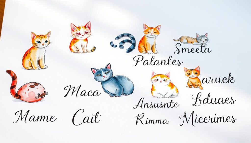 Unique cat names painted in vibrant watercolors, each one capturing the individual personality of a feline companion. Whimsical illustrations of playful kittens, regal felines, and mischievous cats adorn the page, their names artfully scripted in a variety of calligraphic styles. Soft, natural lighting illuminates the scene, casting a warm, inviting glow. The composition is balanced, with the names arranged in a visually engaging layout that draws the eye across the frame. The overall mood is one of creativity, charm, and the celebration of the special bond between cats and their owners.