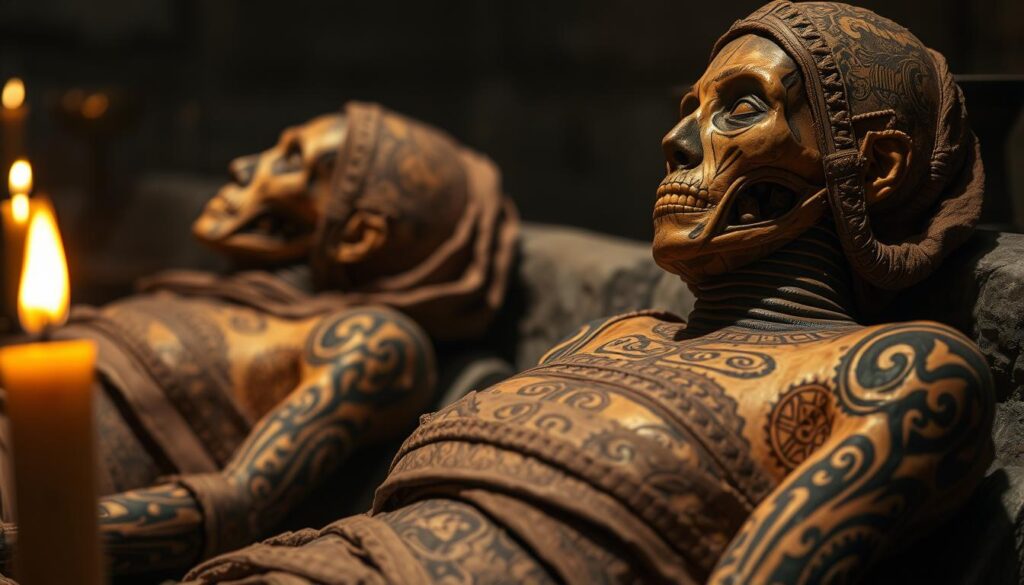 Unwrapped ancient mummies, their weathered skin bearing intricate tattoos that defy the passage of time. Intricate patterns, symbolic motifs, and mystical designs etched into the flesh, a testament to the rich cultural heritage of bygone eras. Dim, flickering candlelight casts a warm, reverent glow, illuminating the delicate, time-worn markings - a visual symphony of humanity's enduring desire to adorn the body and express the inexpressible. High-resolution, cinematic composition, dramatic chiaroscuro lighting, detailed textures, museum diorama setting.