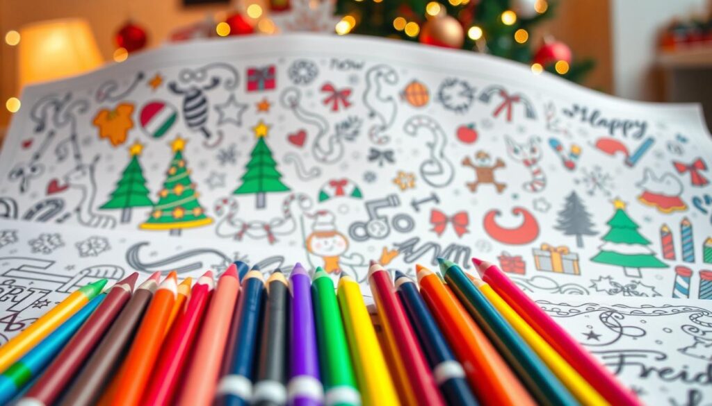 Vibrant and festive holiday coloring pages, featuring a cheerful assortment of seasonal motifs. In the foreground, an array of colorful crayons and markers, inviting the viewer to unleash their creativity. In the middle ground, a selection of intricate designs, including Christmas trees, snowflakes, and whimsical holiday characters. The background showcases a warm, cozy atmosphere, with soft lighting and a hint of holiday cheer. The overall composition evokes a sense of joy and anticipation, perfectly capturing the spirit of the holiday season. A playful and engaging scene that will inspire all ages to embrace the magic of coloring.
