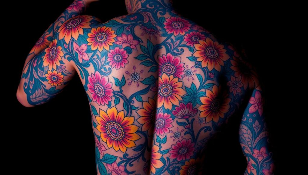 Vibrant, multi-colored tattoos with intricate, flowing designs cover the skin against a dark, moody background. Highly detailed patterns of flowers, tribal motifs, and abstract elements intertwine in a visually striking display. The tattoos appear to wrap around the body, creating a sense of depth and movement. Dramatic, dramatic lighting casts dramatic shadows, emphasizing the contours of the skin and the richness of the tattoo pigments. A wide, cinematic angle captures the full scope of the colorful tattoo canvas, showcasing the artistry and creativity of this unique body art style.