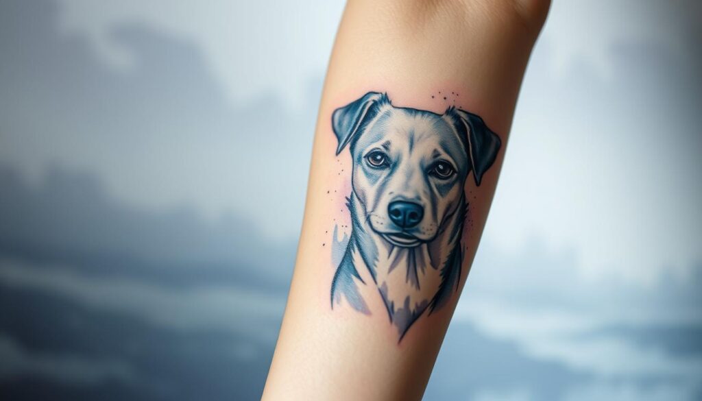 Watercolor dog memorial tattoo on a human arm in a soft, ethereal style. The tattoo depicts a realistic dog portrait with a gentle, soulful expression, rendered in delicate watercolor brushstrokes in shades of blue, purple, and gray. The background features a hazy, abstract landscape with a sense of depth and atmosphere, evoking a serene, melancholic mood. The lighting is soft and diffused, creating a dreamy, contemplative ambiance. The camera angle is close-up, emphasizing the tactile quality of the tattoo art and the personal, intimate nature of the memorial.