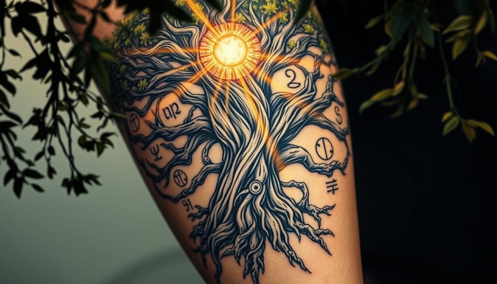 Yggdrasil, the majestic Tree of Life, its roots and branches entwining in a mesmerizing pattern across a bicep. Intricate Nordic runes and symbols adorn the sprawling, gnarled trunk, their ancient meanings etched into the inky, realistic tattoo. Rays of warm, golden light pierce through the lush, verdant foliage, casting a serene, ethereal glow upon the design. Shadowy tendrils of the tree's massive canopy frame the composition, lending a sense of depth and otherworldly mysticism. Textured, lifelike bark and delicate leaves create a captivating sense of dimension, drawing the viewer into the timeless, mystical world of Norse mythology.