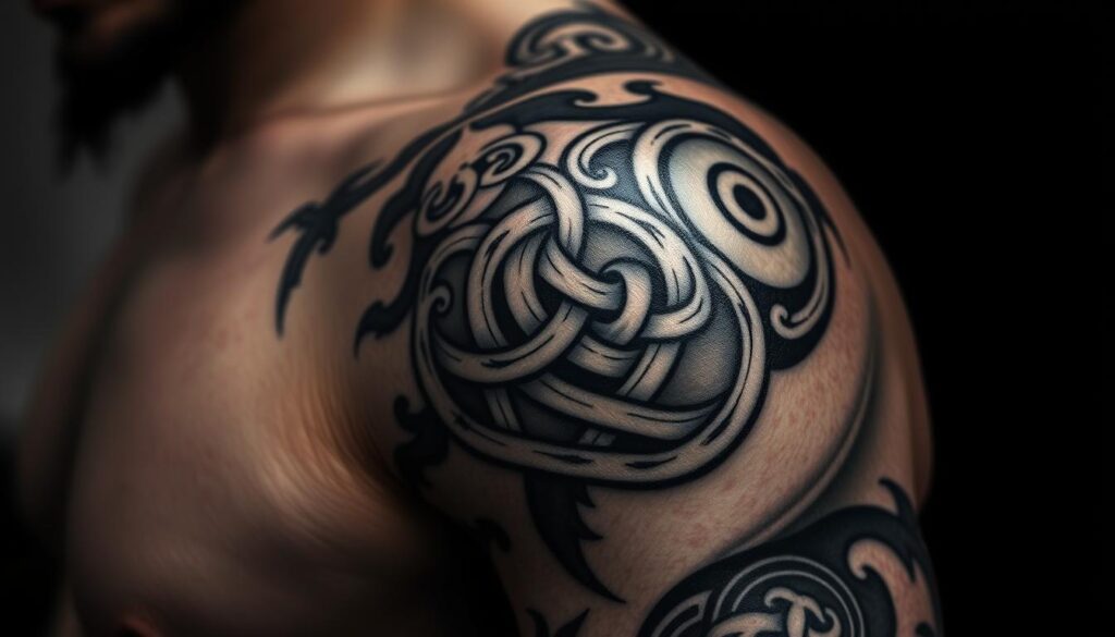a bold and intricate celtic tattoo design for a man's upper arm, featuring traditional knotwork patterns, spirals, and symbolic imagery like animals or runes. the tattoo is depicted in a high-contrast black and grey style, with strong shadows and highlights to accentuate the depth and texture of the linework. the skin around the tattoo has a slightly reddened, freshly-inked appearance, adding to the sense of realism. the angle showcases the tattoo wrapping around the arm, with a focused, close-up view that highlights the fine details and craftsmanship. the overall mood is one of masculine, rugged elegance, reflecting the storied Celtic heritage and symbolism.