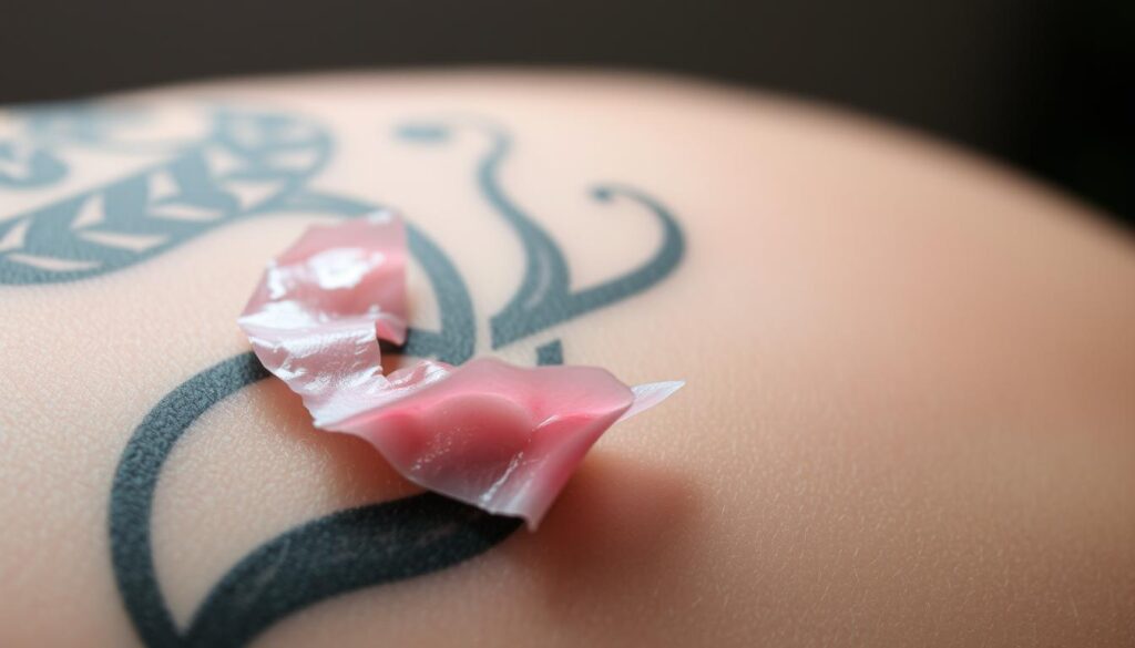 a close-up detailed view of a tattoo that is in the process of peeling, with the skin gently lifting away to reveal the ink underneath. The foreground shows the texture of the peeling skin, with a slight sheen and a pinkish hue. The middle ground features the tattoo design, the lines and colors gradually becoming visible as the skin separates. The background is softly blurred, creating a sense of focus on the peeling process. The lighting is soft and natural, accentuating the delicate nature of the peeling skin. The overall mood is one of fascination and curiosity about this natural stage of the tattoo healing process.