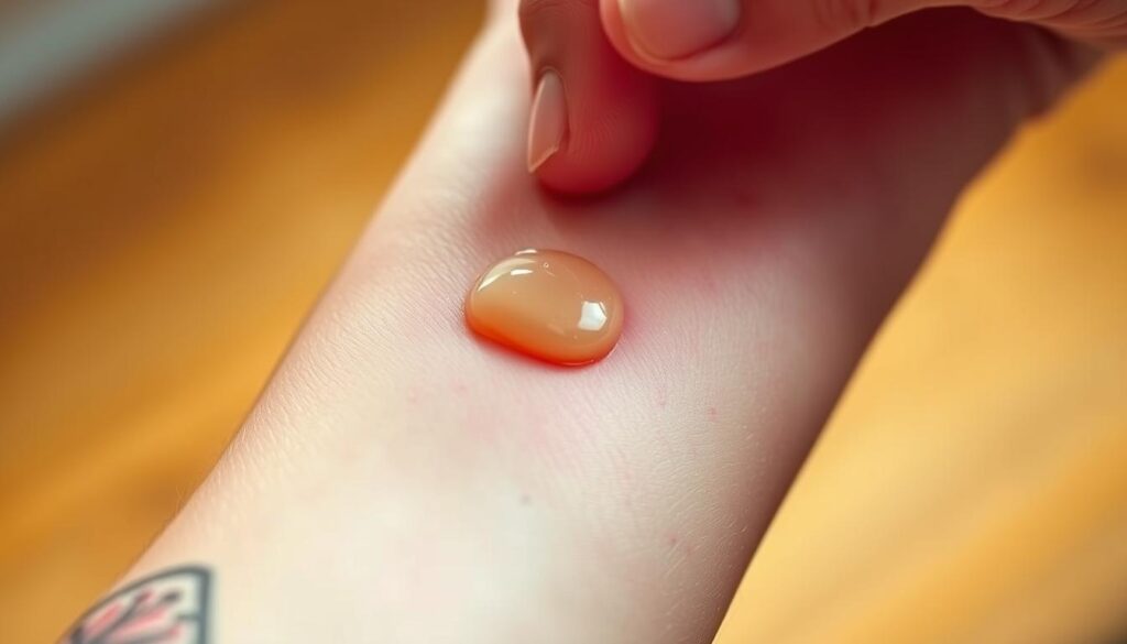 a close-up, high-resolution photograph of a hand applying a small amount of petroleum jelly to the surface of a fresh, vibrant tattoo on the inner forearm. The tattoo is still slightly red and swollen, indicating it is in the early stages of the healing process. The petroleum jelly glistens under soft, warm lighting, creating a soothing, natural aesthetic. The background is blurred, keeping the focus on the delicate application of the aftercare product. The image conveys a sense of care, protection, and the essential role of petroleum jelly in the tattoo healing journey.
