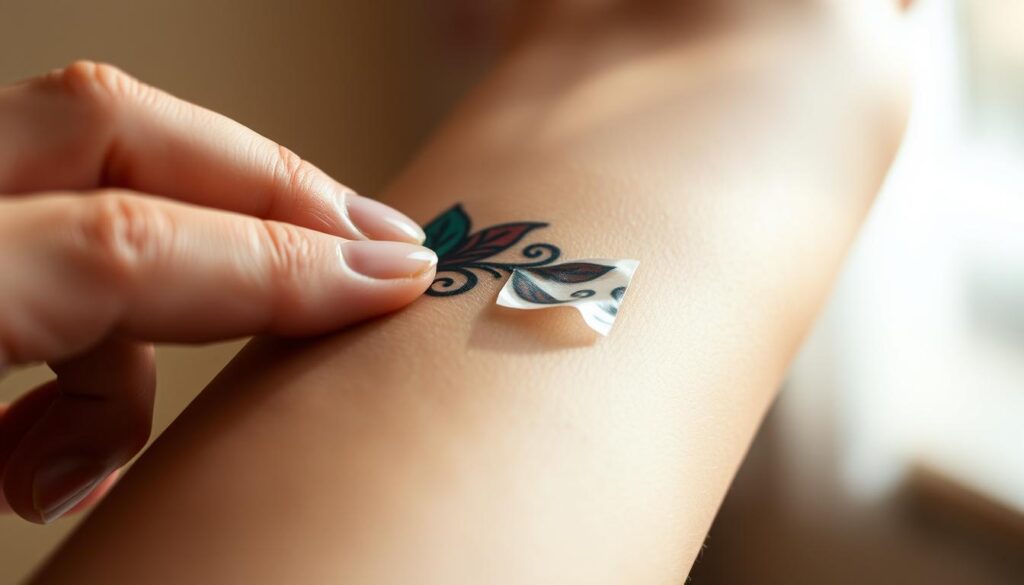 a close-up, high-resolution photograph of a person's arm, hand, and fingers in the process of applying and removing a temporary tattoo. The foreground shows the skin, with a colorful temporary tattoo design being gently pressed onto the skin using the fingers. The middle ground reveals the gradual fading and peeling off of the temporary tattoo, with a small corner of the design lifting off the skin. The background is blurred, creating a soft, focused view on the application and removal process. The lighting is natural, with a warm, diffused glow highlighting the textures of the skin and the temporary tattoo. The angle is slightly tilted, providing an intimate, immersive perspective on the delicate task of working with temporary tattoos.