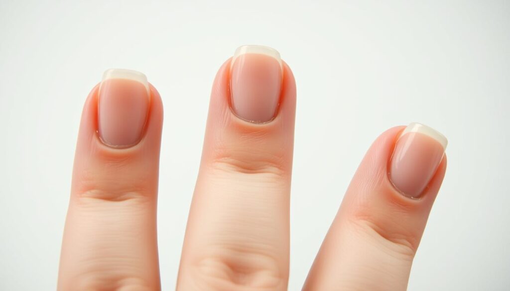 a close-up, highly detailed image of human fingertips and nails against a plain, light background. The nails are in focus and appear healthy, smooth, and growing rapidly. The skin around the nails is well-moisturized and the cuticles are neat. The lighting is soft and even, creating a clean, clinical feel. The angle is slightly angled from above, emphasizing the length and growth of the nails. The overall mood is one of wellness, vitality, and effective nail care techniques.