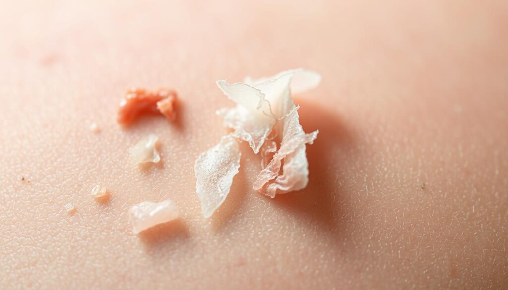 a close-up, macro shot of a tattoo undergoing the peeling stage, with the skin flaking and peeling off to reveal the fresh, vibrant ink underneath. The foreground shows the texture of the healing skin, with a slight pinkish hue and a glistening, dewy appearance. The middle ground displays the peeling skin, with thin, translucent flakes in various stages of detachment. The background is blurred, creating a soft, diffused focus on the skin. Soft, natural lighting illuminates the scene, casting subtle shadows and highlights to accentuate the details. The overall mood is one of the natural healing process, conveying the transitory nature of this stage in tattoo aftercare.