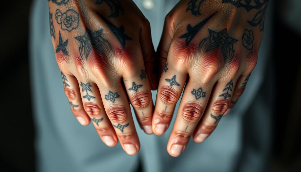 a close-up of human hands with intricate and delicate tattoo designs covering the skin, with a focus on the vulnerable areas such as the knuckles, fingers, and between the fingers. The hands are positioned in a natural, relaxed pose, showcasing the detailed linework, shading, and colors of the tattoos. The lighting is soft and directional, creating subtle shadows that accentuate the texture and depth of the tattoos. The background is blurred and minimalistic, allowing the hands to be the central focus of the image. The overall mood is contemplative and highlights the fragility and impermanence of these types of tattoos.