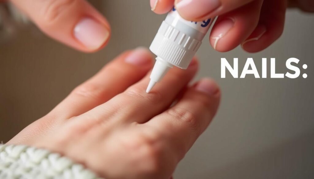 a close-up photo of a hand delicately applying nail glue to the surface of a press-on nail, with a focus on the precise application technique. the hand is positioned in the foreground, lit by soft, even lighting to highlight the intricate details. the background is blurred and out of focus, creating a sense of depth and drawing the viewer's attention to the nail glue application process. the image conveys a sense of care, precision, and attention to detail, reflecting the importance of selecting high-quality adhesives for long-lasting press-on nails.