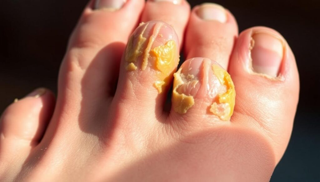 a close-up photo of several human toenails with visible signs of fungal infection, such as thickening, yellowing, and discoloration. The nails appear rough, crumbly, and distorted, with a pronounced ridged or pitted texture. The background is blurred, keeping the focus solely on the unhealthy nails. Warm, natural lighting illuminates the nails from the side, casting subtle shadows that accentuate the uneven surface. The image has a clinical, diagnostic feel, providing a clear visual representation of the condition described in the article section title. a close-up photo of several human toenails with visible signs of fungal infection, such as thickening, yellowing, and discoloration. The nails appear rough, crumbly, and distorted, with a pronounced ridged or pitted texture. The background is blurred, keeping the focus solely on the unhealthy nails. Warm, natural lighting illuminates the nails from the side, casting subtle shadows that accentuate the uneven surface. The image has a clinical, diagnostic feel, providing a clear visual representation of the condition described in the article section title.