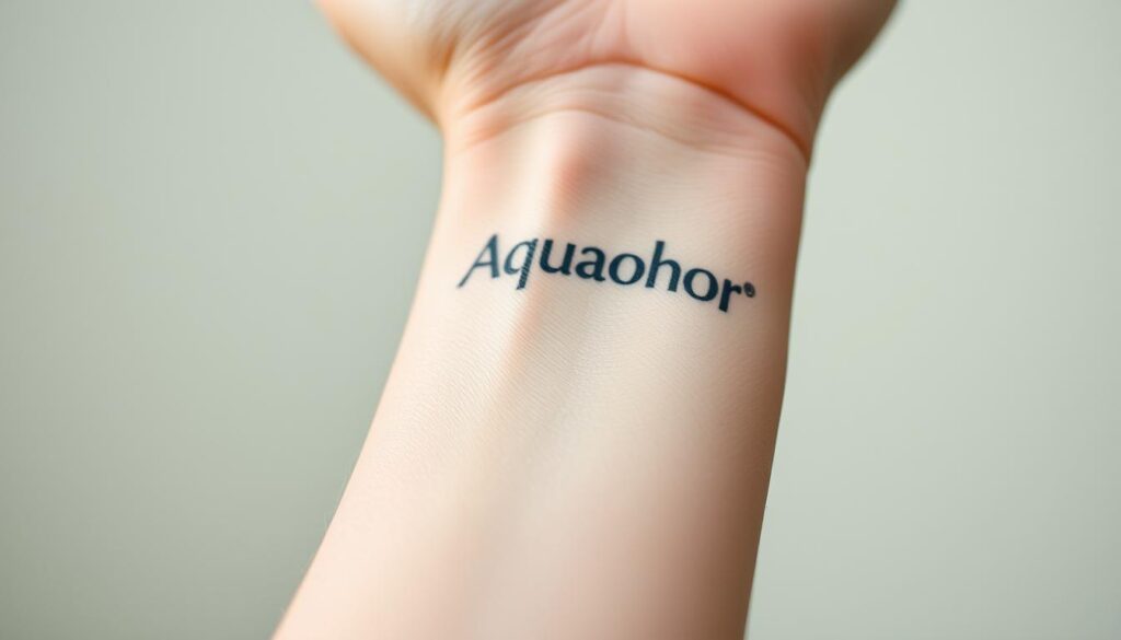 a close-up photograph of a person's forearm with a freshly healed tattoo, the skin is slightly reddened and glistening with a thin layer of Aquaphor ointment, the tattoo is crisp and vibrant, the background is out of focus with a soft, diffused lighting creating a soothing, natural atmosphere, the image conveys the concept of proper tattoo aftercare and the benefits of using Aquaphor to moisturize and protect the healing tattoo