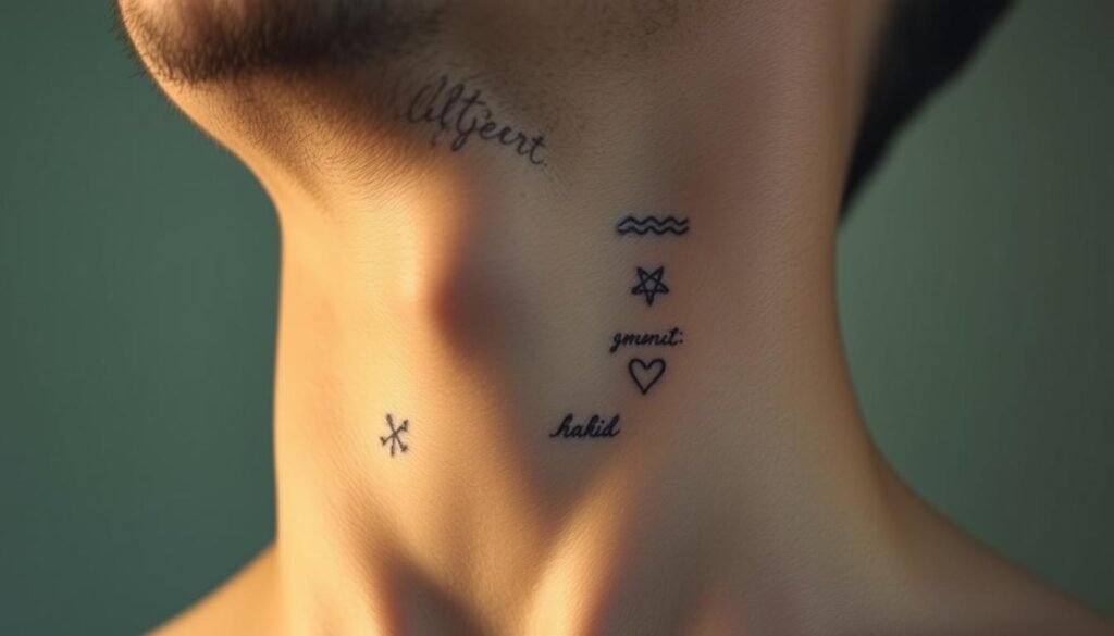 a close-up portrait of a man's neck, with several small and delicate tattoo designs prominently featured, including minimalist symbols, abstract patterns, and subtle script. The skin has a warm, natural glow, with soft, diffused lighting that accentuates the intricate details of the tattoos. The subject's face is partially obscured, drawing the viewer's attention to the decorative tattoos on the neck. The background is softly blurred, placing the focus entirely on the elegant and meaningful body art. The overall mood is one of personal expression, understated style, and an appreciation for the art of tattooing.