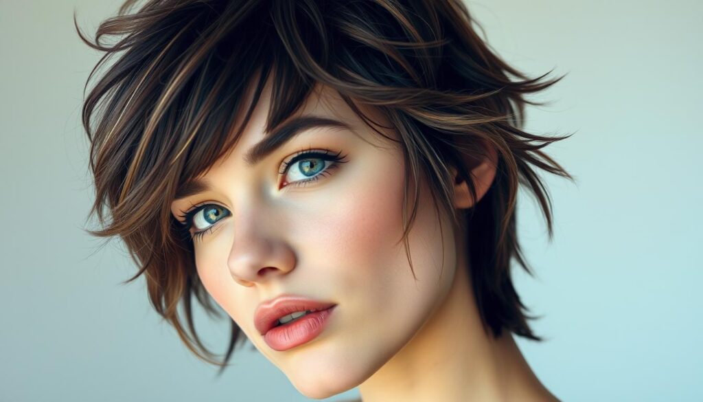 a close-up portrait of a model with a trendy wolf cut hairstyle, featuring shaggy, layered hair with defined waves and volume, illuminated by soft, natural lighting, captured at a flattering angle that highlights the textured, wispy strands and frames the face beautifully, set against a minimalist, clean background that allows the hairstyle to be the focal point, conveying a sense of modern, effortless style and the appeal of the wolf cut trend.