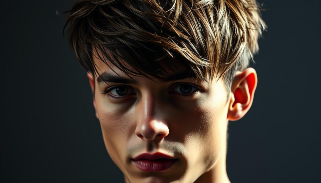 a close-up portrait of a stylish short wolf haircut, with textured layers and shaggy bangs framing a chiseled, androgynous face. the lighting is soft and directional, creating dramatic shadows that accentuate the sharp features and messy, voluminous hairstyle. the model has a neutral, contemplative expression, conveying a sense of effortless, modern cool. the background is blurred and minimalist, allowing the focus to remain on the distinctive haircut and facial details. the overall mood is sleek, sophisticated, and slightly edgy, reflecting the contemporary twist on a classic wolf cut style.