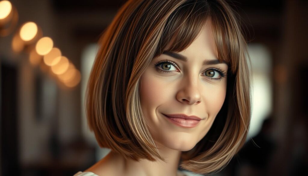 a close-up portrait of a woman with a classic shoulder-length bob haircut, featuring a slightly layered and textured look with soft, wispy bangs that frame her face. The hair is styled with a natural, effortless flow, showcasing its smooth and shiny texture. The lighting is soft and flattering, creating a warm, inviting mood. The woman's expression is confident and serene, highlighting the versatility and elegance of the bob hairstyle. The image is focused on the subject, placing the hairstyle as the central element, allowing the viewer to appreciate its aesthetic qualities. a close-up portrait of a woman with a classic shoulder-length bob haircut, featuring a slightly layered and textured look with soft, wispy bangs that frame her face. The hair is styled with a natural, effortless flow, showcasing its smooth and shiny texture. The lighting is soft and flattering, creating a warm, inviting mood. The woman's expression is confident and serene, highlighting the versatility and elegance of the bob hairstyle. The image is focused on the subject, placing the hairstyle as the central element, allowing the viewer to appreciate its aesthetic qualities.