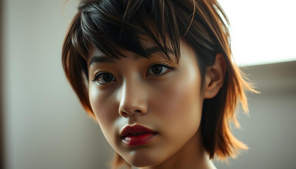 a close-up portrait of an asian woman with a stylish wolf cut hairstyle, featuring multiple layers and textured shaggy ends. The lighting is soft and diffused, creating a flattering and ethereal glow. The subject's features are delicately captured, with a serene, contemplative expression. The background is blurred, keeping the focus on the intricate details of the hairstyle. The image conveys a sense of modern, edgy elegance that exemplifies the captivating essence of the asian wolf cut.