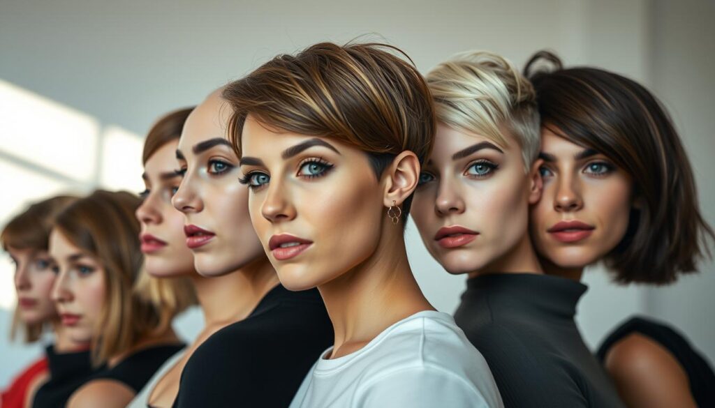 a close-up portrait shot of several young women with stylish short haircuts, arranged in a row, showcased against a clean, minimalist background with soft, natural lighting from the side creating depth and dimension, capturing the women's facial features and expressions to highlight the versatility and elegance of their short hairstyles, which range from sleek bobs to textured pixie cuts, all with a fresh, modern aesthetic that embodies the spirit of the "Short Hair Cuts for a Fresh Look" section. a close-up portrait shot of several young women with stylish short haircuts, arranged in a row, showcased against a clean, minimalist background with soft, natural lighting from the side creating depth and dimension, capturing the women's facial features and expressions to highlight the versatility and elegance of their short hairstyles, which range from sleek bobs to textured pixie cuts, all with a fresh, modern aesthetic that embodies the spirit of the "Short Hair Cuts for a Fresh Look" section.
