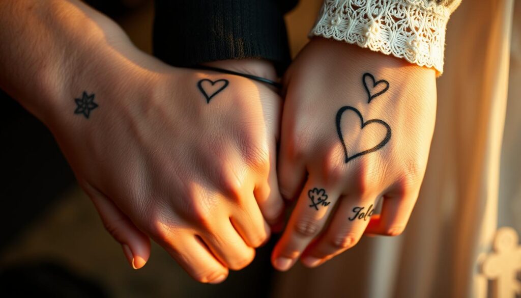 a close-up shot of a couple's interlocked hands, their skin adorned with delicate, intertwined tattoos that symbolize their eternal bond. The tattoos are intricate, featuring a harmonious blend of meaningful symbols and designs that reflect the unique journey of their relationship. The lighting is soft and romantic, casting a warm, golden glow that accentuates the beauty and intimacy of the moment. The composition emphasizes the connection between the couple, with the tattoos as the focal point, conveying the deep, soulful commitment they share.