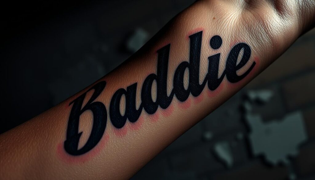 a close-up shot of a human arm with a boldly designed "baddie" tattoo in script font, the letters stylized with intricate shading and shadows to create a gritty, rebellious aesthetic. The tattoo is set against a dimly lit, grunge-inspired background, with hints of exposed brick walls or peeling paint visible in the periphery, conveying a sense of urban edge. The lighting is dramatic, with hard shadows and highlights accentuating the rawness and imperfections of the tattoo's design. The overall mood is one of defiance, individuality, and a touch of danger, perfectly capturing the essence of a "baddie" aesthetic.