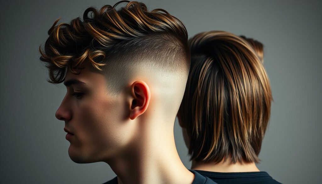 a close-up shot of a male model's head, showcasing two distinct hairstyles side-by-side - a stylish wolf cut with lush, wavy curls on the top and tapered sides, and a classic mullet with short, straight hair on the top transitioning into longer, shaggy locks at the back. The lighting is soft and diffused, creating a warm, inviting atmosphere that highlights the textural details of the hair. The camera angle is slightly elevated, providing a clear, unobstructed view of the hairstyles. The background is minimalist and muted, allowing the hairstyles to be the central focus of the image.