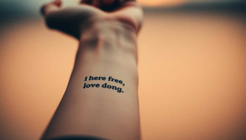 a close-up shot of a person's arm with a minimalist quote tattoo, set against a soft, blurred background with a warm, muted color palette, creating a serene and introspective atmosphere that captures the essence of the "quote tattoo trend" and its deep, meaningful appeal