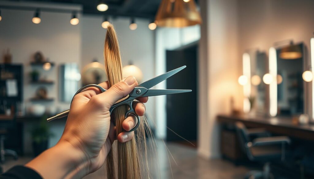 a close-up shot of a person's hand holding a pair of haircutting scissors, carefully trimming the ends of long, healthy hair strands, in a well-lit, minimalist salon setting with soft, warm lighting and a blurred background showcasing stylish decor and equipment, creating a calming, professional atmosphere for a routine hair maintenance session a close-up shot of a person's hand holding a pair of haircutting scissors, carefully trimming the ends of long, healthy hair strands, in a well-lit, minimalist salon setting with soft, warm lighting and a blurred background showcasing stylish decor and equipment, creating a calming, professional atmosphere for a routine hair maintenance session