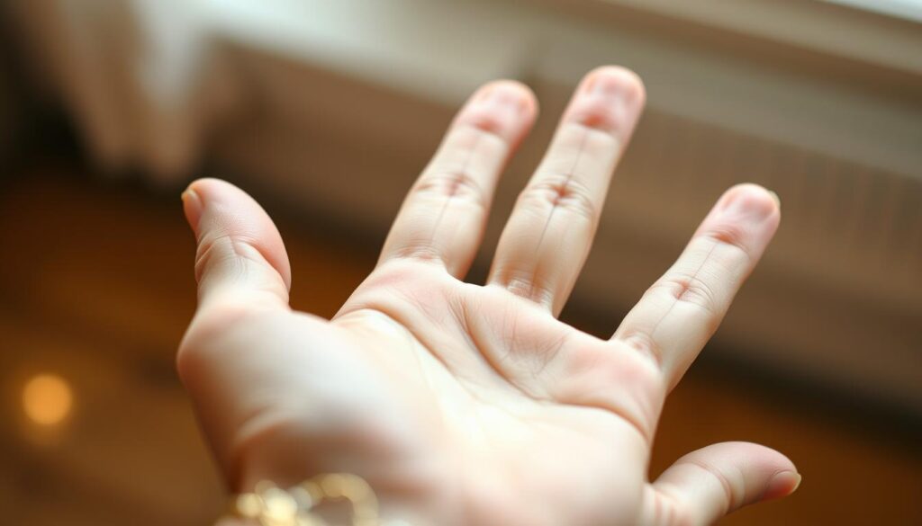a close-up shot of a person's hand, palm up, with freshly manicured nails. the nails are short and natural-looking, without any polish or acrylic. the skin around the nails is smooth and hydrated, with a healthy, moisturized appearance. the lighting is soft and flattering, creating a warm, soothing atmosphere. the background is blurred, keeping the focus on the delicate details of the hand and nails. the composition is balanced and visually appealing, conveying a sense of care and attention to nail recovery.
