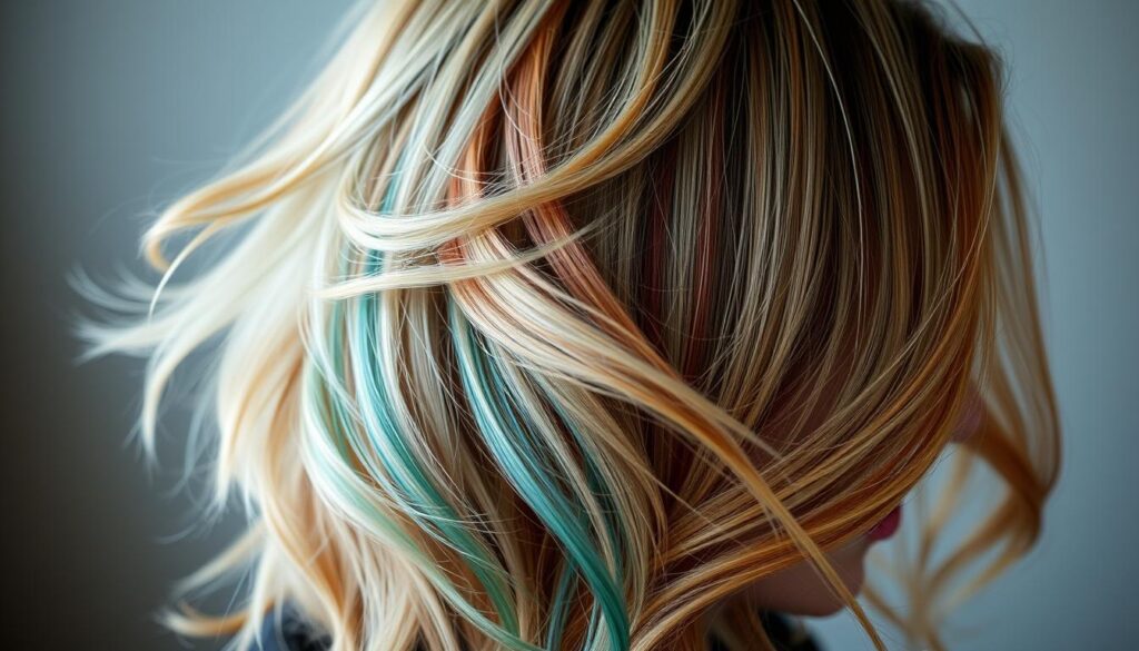 a close-up shot of a stylized wolf-cut hairstyle with vibrant, multi-colored highlights. the hair flows in soft, voluminous waves, with strands of blonde, auburn, and teal hues strategically placed to create a dynamic, eye-catching look. the lighting is soft and diffused, highlighting the texture and depth of the hair. the background is blurred, keeping the focus on the intricate coloring and styling techniques. the overall mood is one of sophistication and artistic flair, showcasing the versatility and creative potential of the wolf-cut style.
