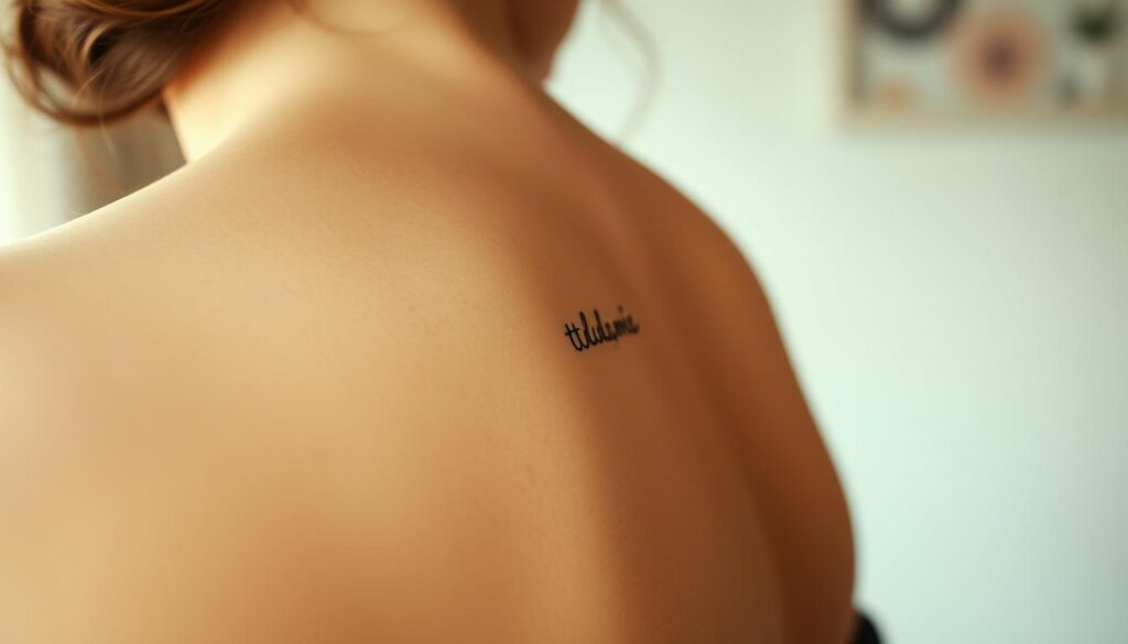 a close-up shot of a woman's back, showcasing a delicate spine tattoo that is in the process of healing. The skin is slightly reddened and slightly raised, indicating a fresh tattoo. The tattoo is a minimalist, feminine design, possibly a line drawing or script. The background is out of focus, creating a soft, intimate atmosphere. Gentle, warm lighting illuminates the scene, casting a subtle glow on the skin. The overall mood is one of care, attention, and the tender process of tattoo aftercare.