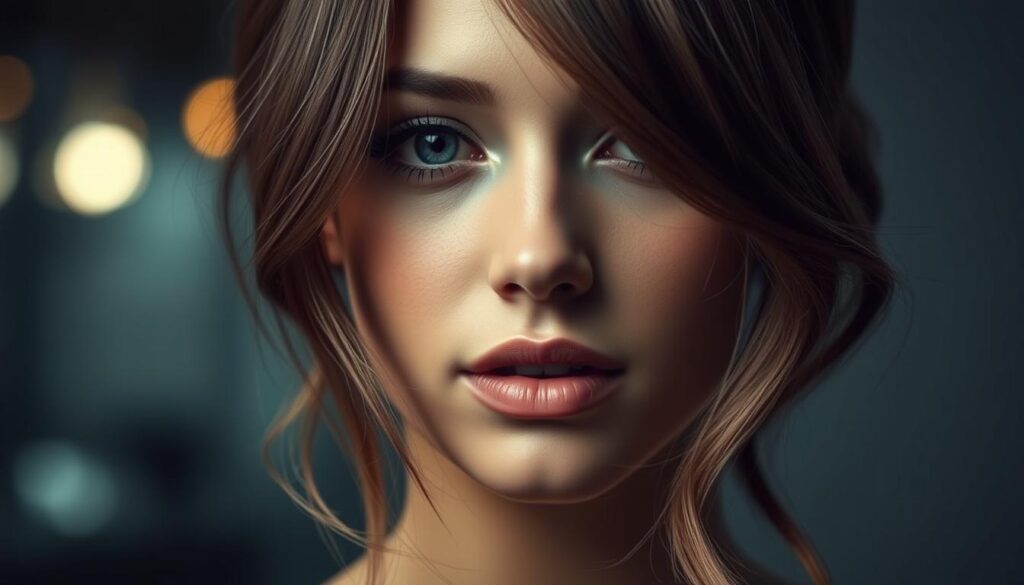 a close-up shot of a woman's face, showcasing the importance of face shape in layering hair. The lighting is soft and flattering, with a shallow depth of field that gently blurs the background. The hair is beautifully layered, framing the face in a way that accentuates the subject's natural features. The layers are carefully arranged to create a harmonious, balanced look that is both stylish and flattering. The overall mood is one of elegance and sophistication, with a focus on the art of hairstyling and its impact on facial aesthetics.