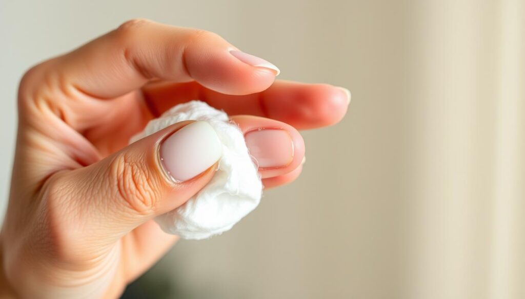a close-up shot of a woman's hand holding a cotton ball soaked in clear, liquid acetone, gently pressing it against the surface of a painted press-on nail, the nail lifting and separating from the nail bed. The fingers are relaxed and the skin around the nails is healthy, with a soft, natural lighting illuminating the scene. The background is blurred, creating a sense of focus on the nail removal process. The overall mood is one of careful, precise action, with the acetone working to dissolve the adhesive and allow for the easy removal of the artificial nail. a close-up shot of a woman's hand holding a cotton ball soaked in clear, liquid acetone, gently pressing it against the surface of a painted press-on nail, the nail lifting and separating from the nail bed. The fingers are relaxed and the skin around the nails is healthy, with a soft, natural lighting illuminating the scene. The background is blurred, creating a sense of focus on the nail removal process. The overall mood is one of careful, precise action, with the acetone working to dissolve the adhesive and allow for the easy removal of the artificial nail.