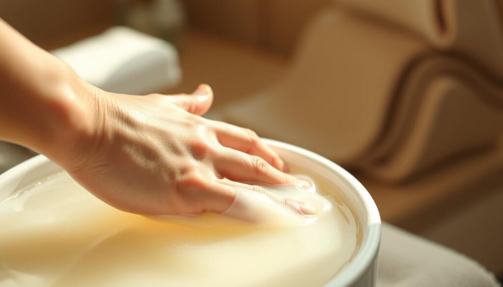 a close-up shot of a woman's hand receiving a paraffin wax hand treatment in a tranquil spa setting. the hand is submerged in a warm, viscous paraffin wax solution, with a soft, natural light illuminating the scene. the skin on the hand appears smooth and nourished, and the fingers are relaxed. the background is blurred, conveying a sense of calm and relaxation. the composition emphasizes the therapeutic and indulgent nature of the treatment, capturing the soothing and rejuvenating experience. a close-up shot of a woman's hand receiving a paraffin wax hand treatment in a tranquil spa setting. the hand is submerged in a warm, viscous paraffin wax solution, with a soft, natural light illuminating the scene. the skin on the hand appears smooth and nourished, and the fingers are relaxed. the background is blurred, conveying a sense of calm and relaxation. the composition emphasizes the therapeutic and indulgent nature of the treatment, capturing the soothing and rejuvenating experience.