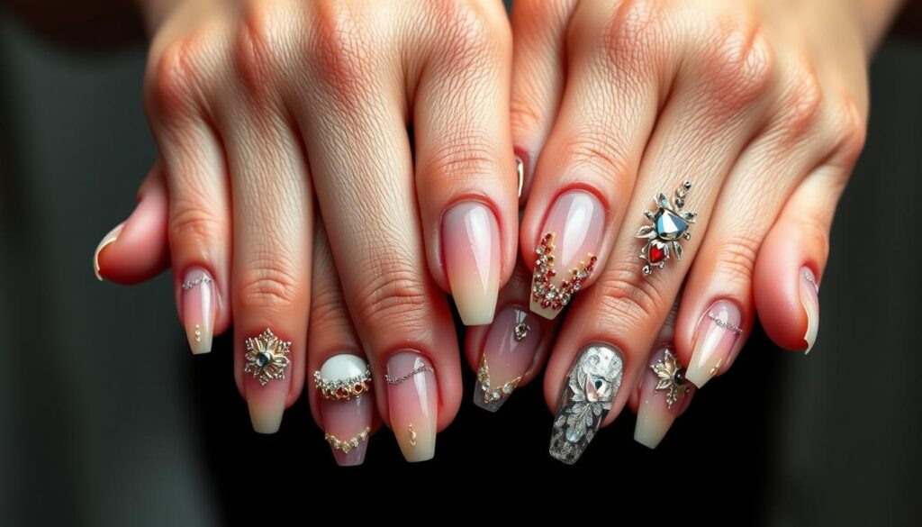 a close-up shot of a woman's hands, showcasing a variety of intricate and colorful acrylic nail designs. The nails are sculpted with precision, featuring delicate patterns, shimmering gradients, and eye-catching embellishments. The lighting is soft and diffused, highlighting the glossy finish and dimensional textures of the acrylics. The hands are positioned elegantly, conveying a sense of sophistication and personal expression. The background is blurred, keeping the focus solely on the captivating nail art. This image captures the allure and artistry of acrylic nails, perfectly illustrating their appeal as a popular beauty trend. a close-up shot of a woman's hands, showcasing a variety of intricate and colorful acrylic nail designs. The nails are sculpted with precision, featuring delicate patterns, shimmering gradients, and eye-catching embellishments. The lighting is soft and diffused, highlighting the glossy finish and dimensional textures of the acrylics. The hands are positioned elegantly, conveying a sense of sophistication and personal expression. The background is blurred, keeping the focus solely on the captivating nail art. This image captures the allure and artistry of acrylic nails, perfectly illustrating their appeal as a popular beauty trend.