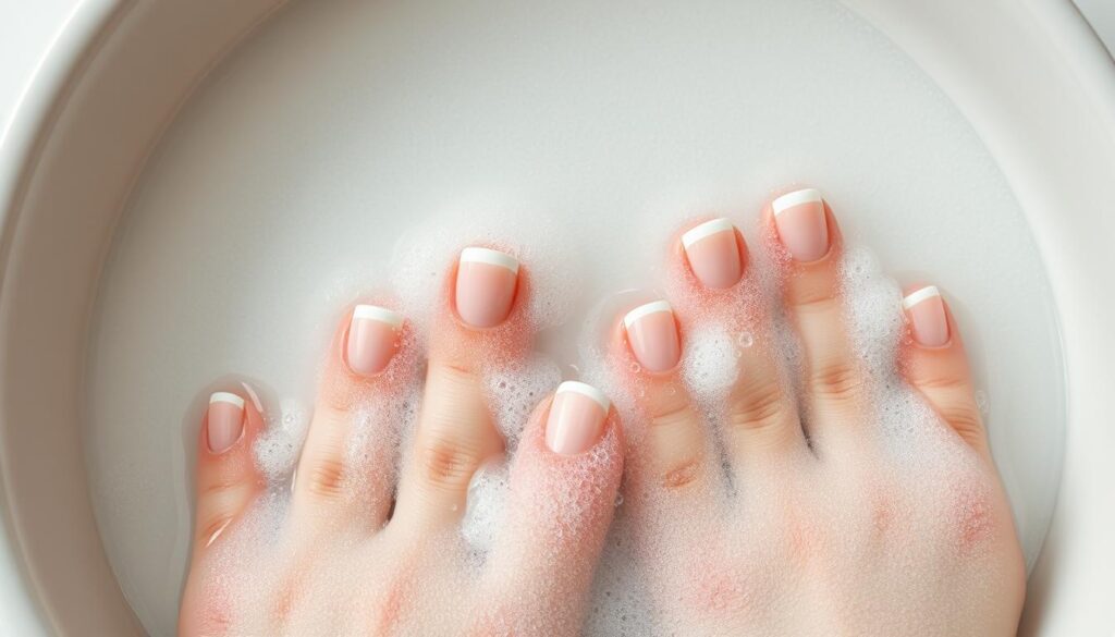a close-up shot of a woman's hands soaking press-on nails in a shallow bowl filled with warm, sudsy water, creating a soapy, bubbly solution. The nails are gradually lifting off the fingertips, revealing the natural nail beds underneath. The lighting is soft and diffused, highlighting the translucent, pearlescent quality of the water and the gentle, delicate removal process. The background is blurred, keeping the focus on the hands and the nail removal. The overall mood is calming, effortless, and hygienic, reflecting the ease and simplicity of this method. a close-up shot of a woman's hands soaking press-on nails in a shallow bowl filled with warm, sudsy water, creating a soapy, bubbly solution. The nails are gradually lifting off the fingertips, revealing the natural nail beds underneath. The lighting is soft and diffused, highlighting the translucent, pearlescent quality of the water and the gentle, delicate removal process. The background is blurred, keeping the focus on the hands and the nail removal. The overall mood is calming, effortless, and hygienic, reflecting the ease and simplicity of this method.